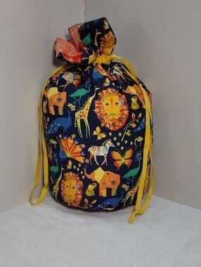 Drawstring Knitting Bag - Navy with Yellow Animal Print - NWT